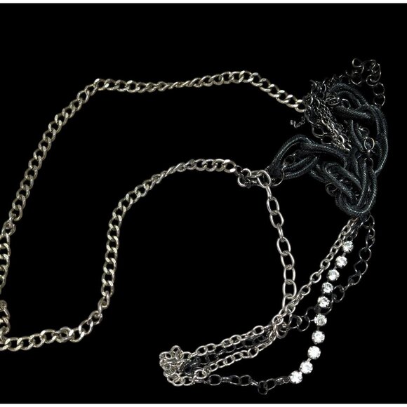 Glam Goth Black And Silver Tone Abstract Chain Necklace With Rhinestone Accents - Picture 2 of 5